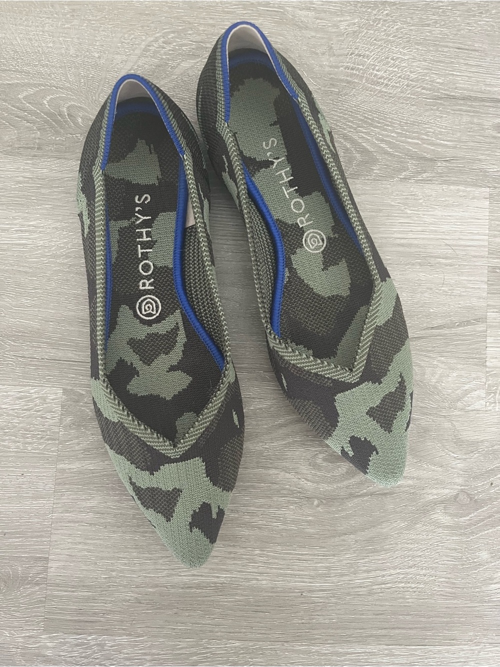 Rothy's Pointed Toe Flats in Green and Black Camo Knit